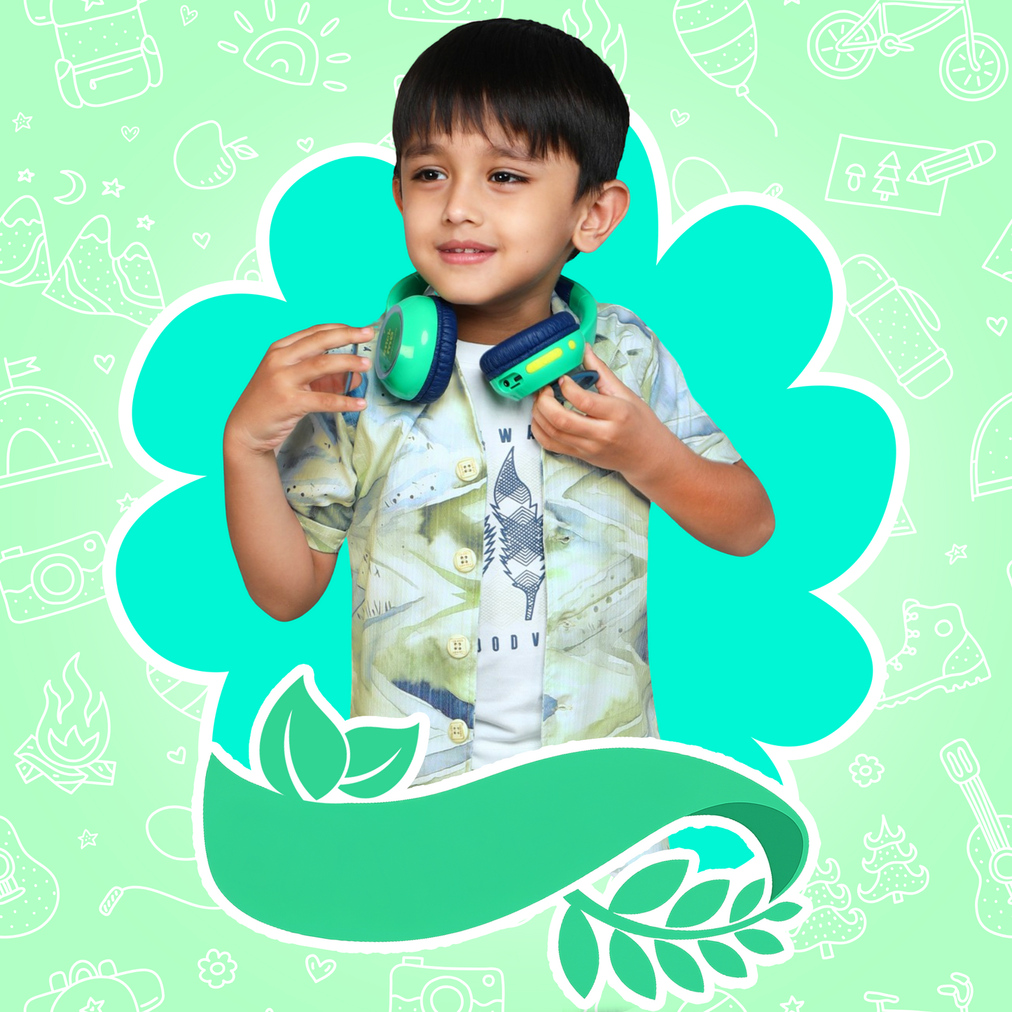 Galaxy Safe Volume Kids and Teens Headphone (Green Dino)