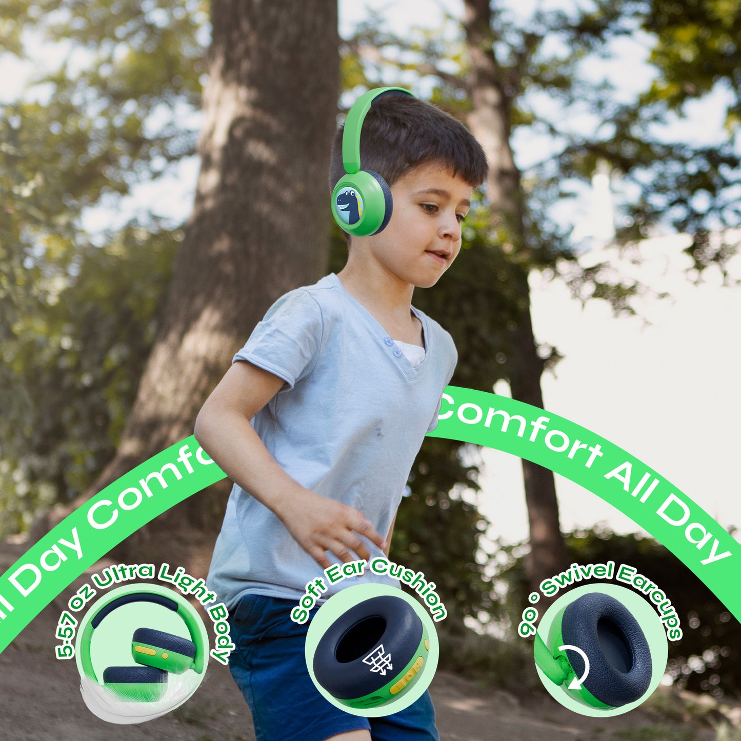 Galaxy Safe Volume Kids and Teens Headphone (Green Dino)
