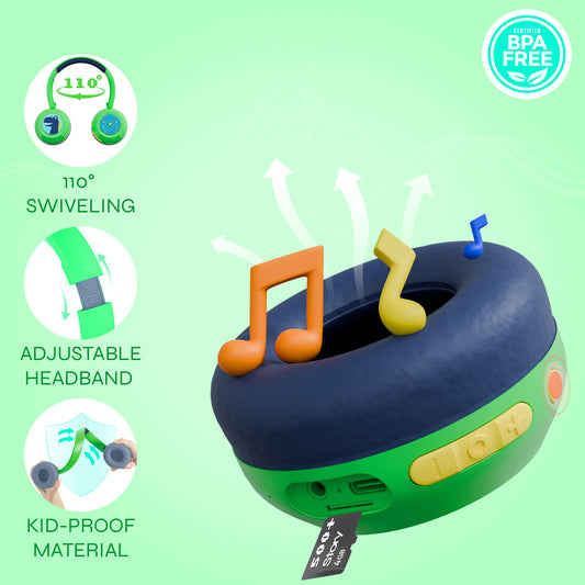 Galaxy Safe Volume Kids and Teens Headphone (Green Dino)