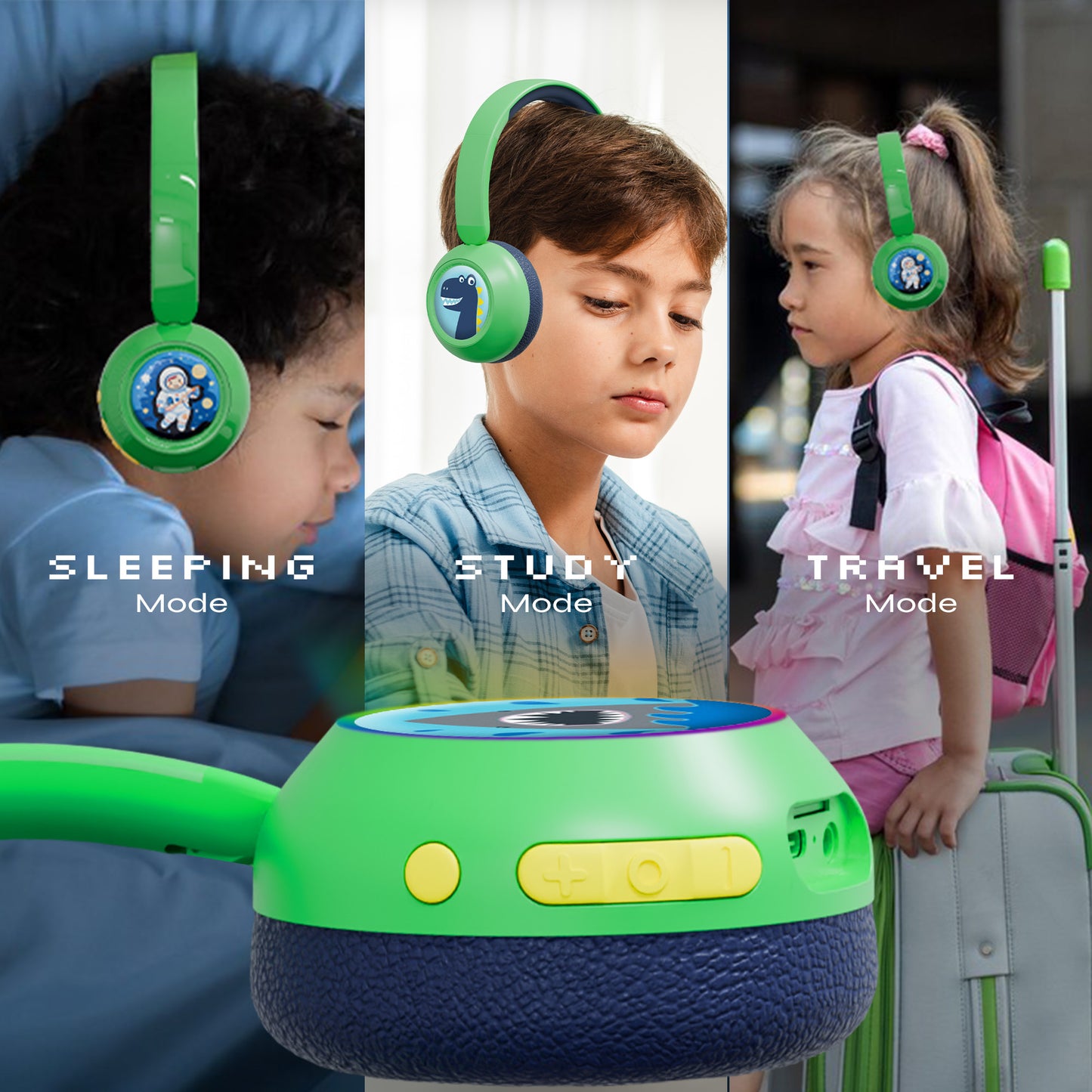 Galaxy Safe Volume Kids and Teens Headphone (Green Dino)