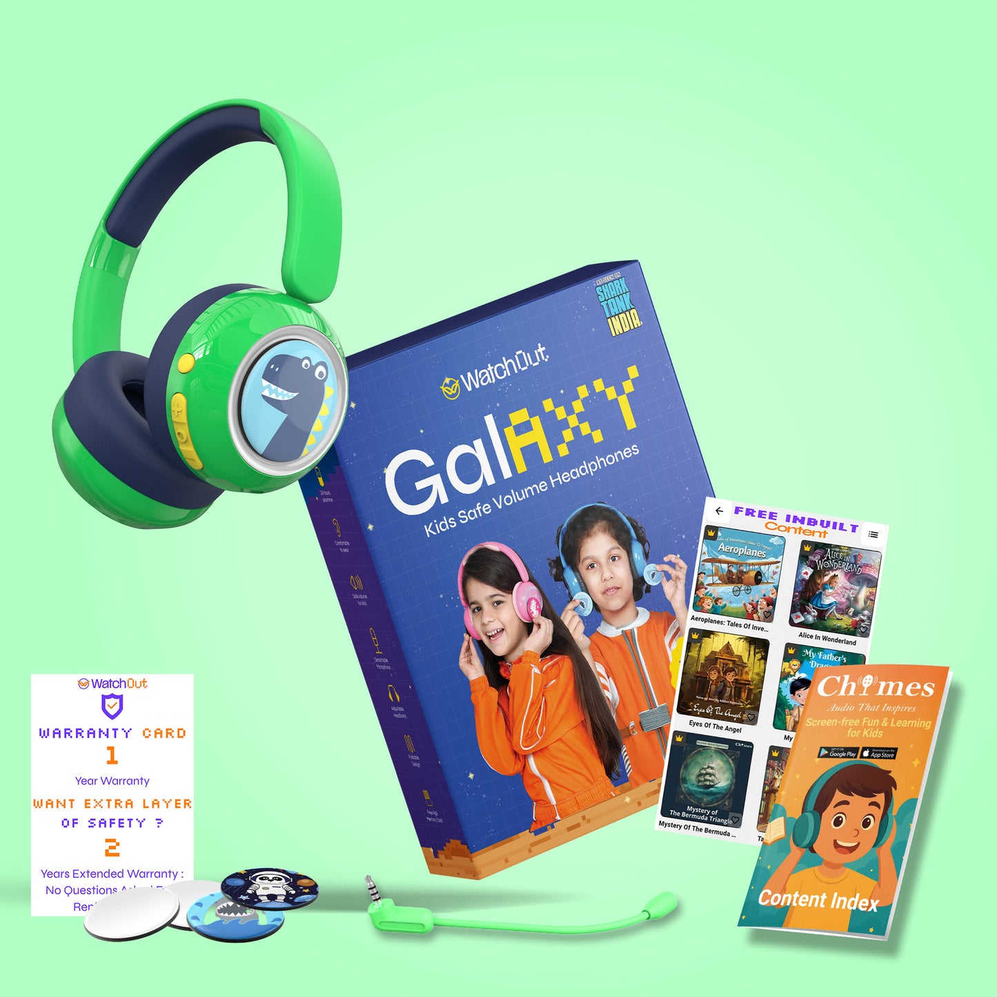 Galaxy Safe Volume Kids and Teens Headphone (Green Dino)