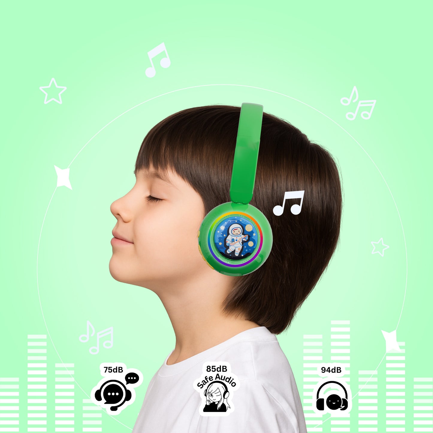 Galaxy Safe Volume Kids and Teens Headphone (Green Dino)