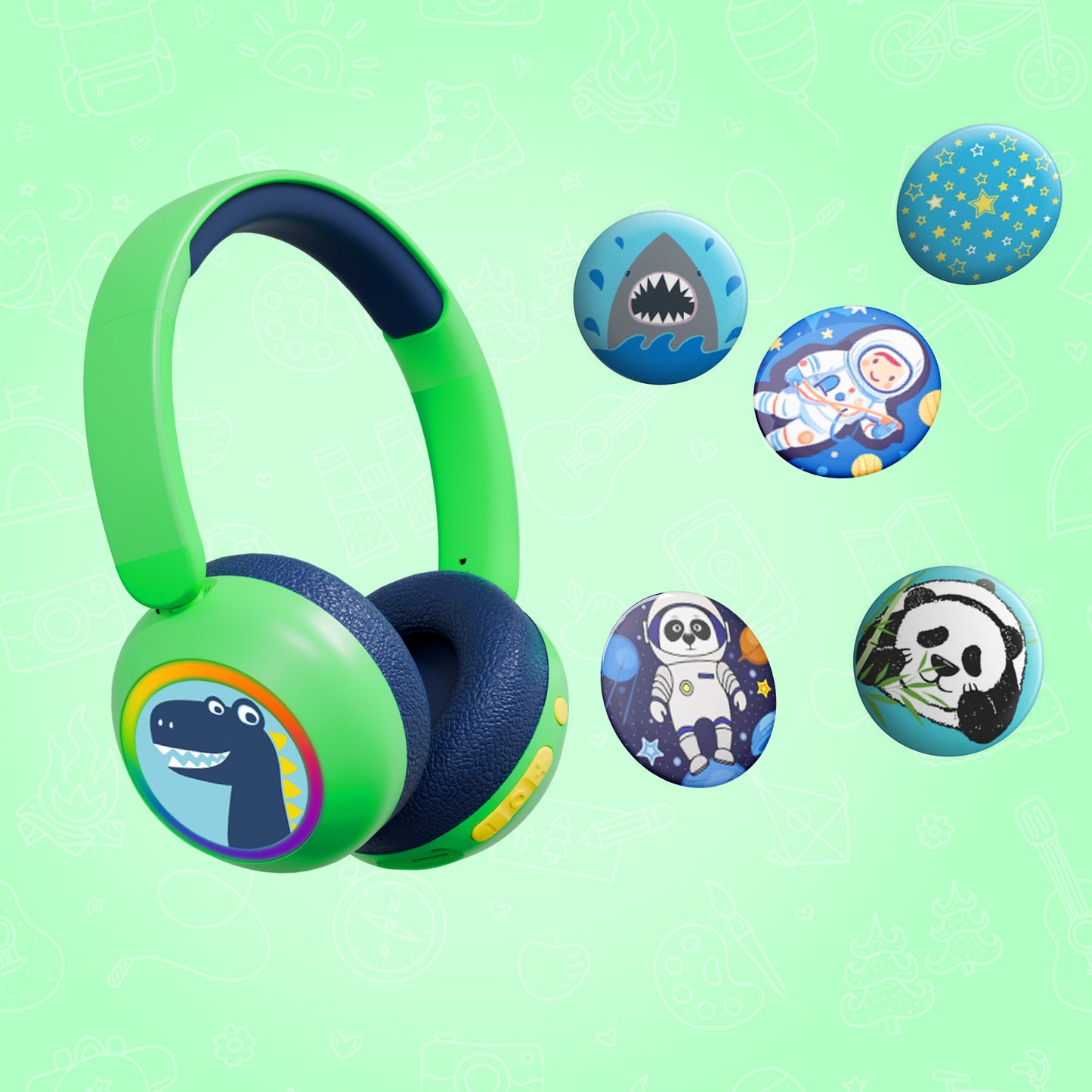 Galaxy Safe Volume Kids and Teens Headphone (Green Dino)