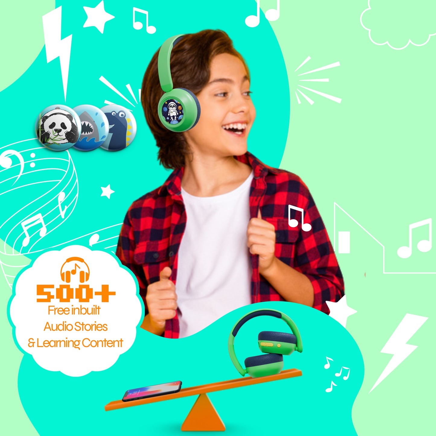 Galaxy Safe Volume Kids and Teens Headphone (Green Dino)