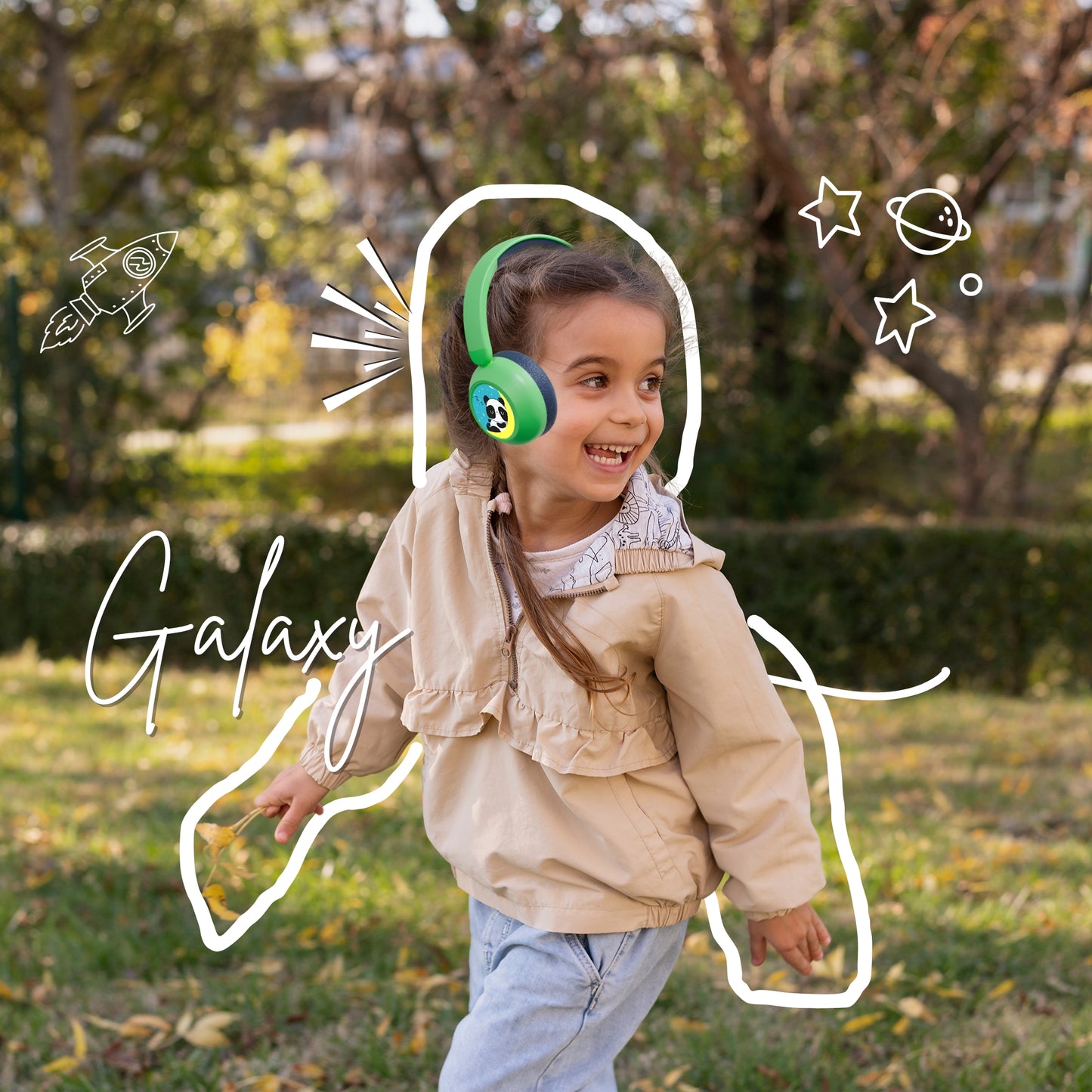 Galaxy Safe Volume Kids and Teens Headphone (Green Dino)