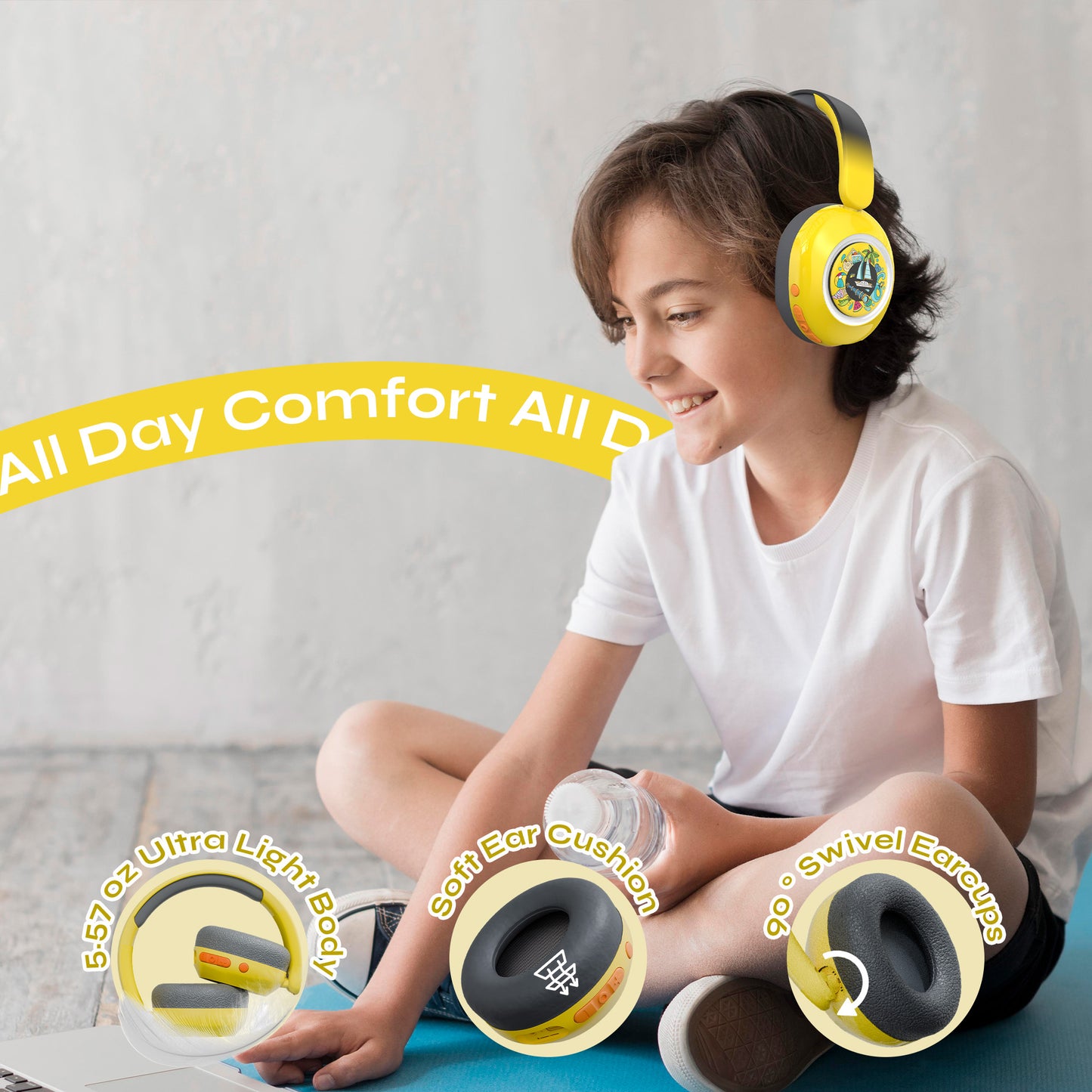 Galaxy Safe Volume Kids and Teens Headphone (Hello Yellow)