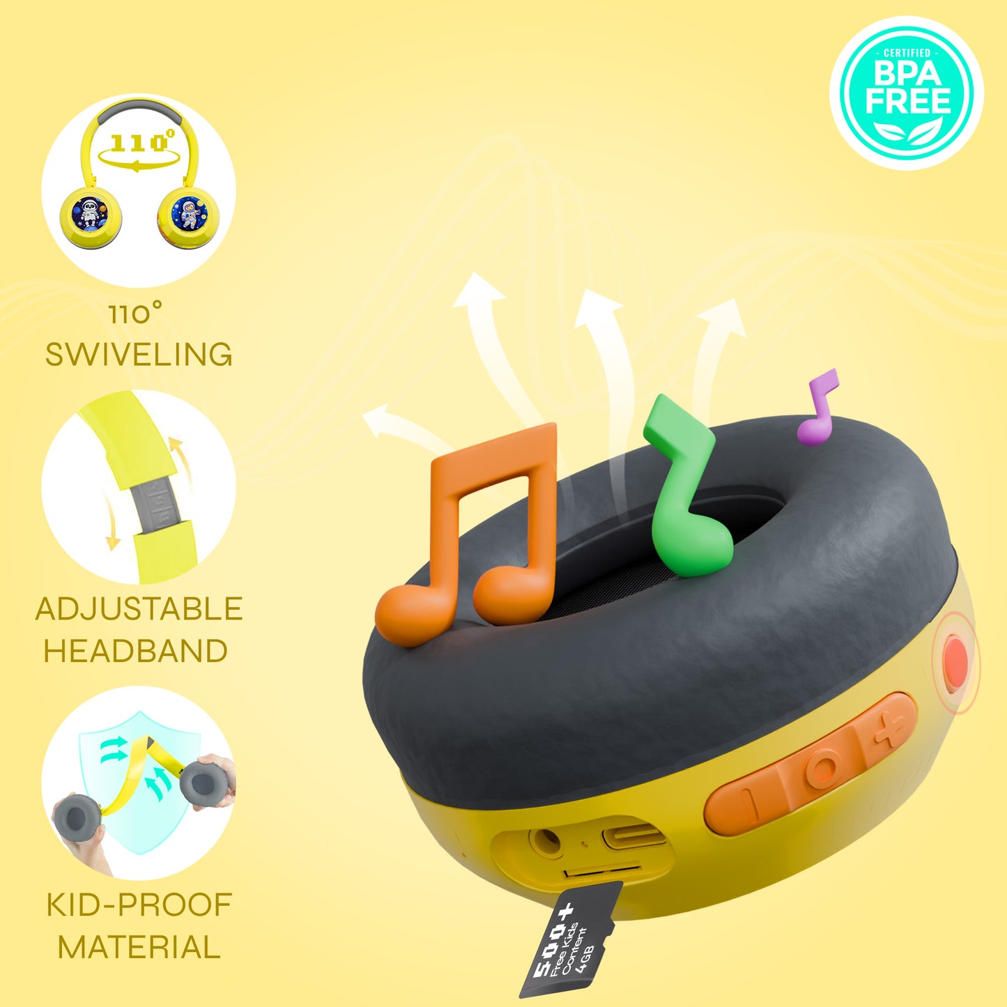 Galaxy Safe Volume Kids and Teens Headphone (Hello Yellow)